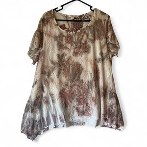 Roz & Ali Women's 2X Floral Lace Overlay‎ Top with Rhinestones
